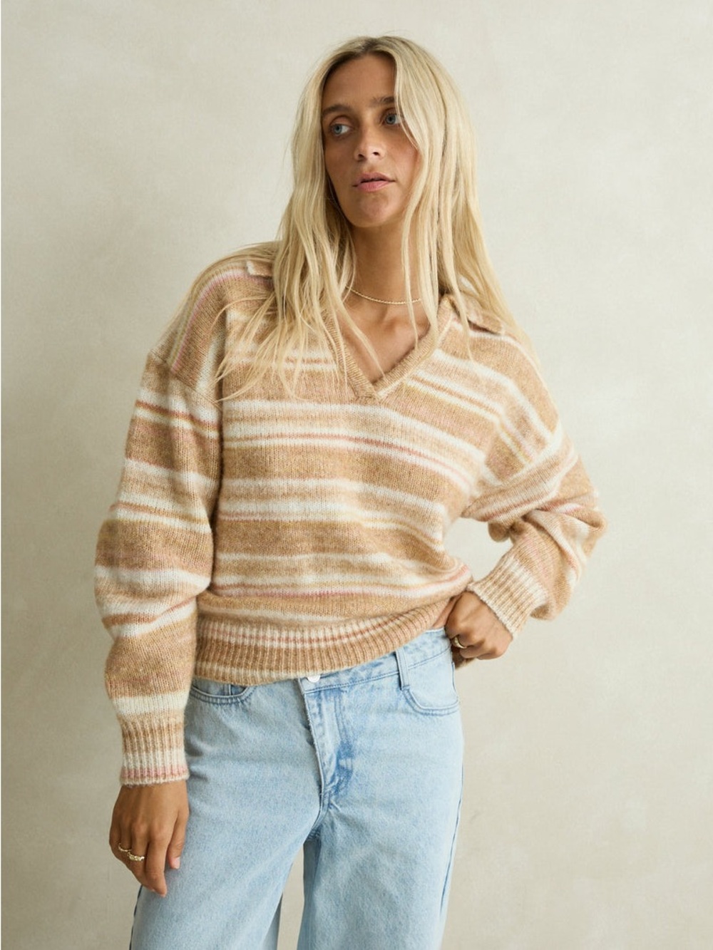 Rhythm Maple V-Neck Collared Jumper Tan